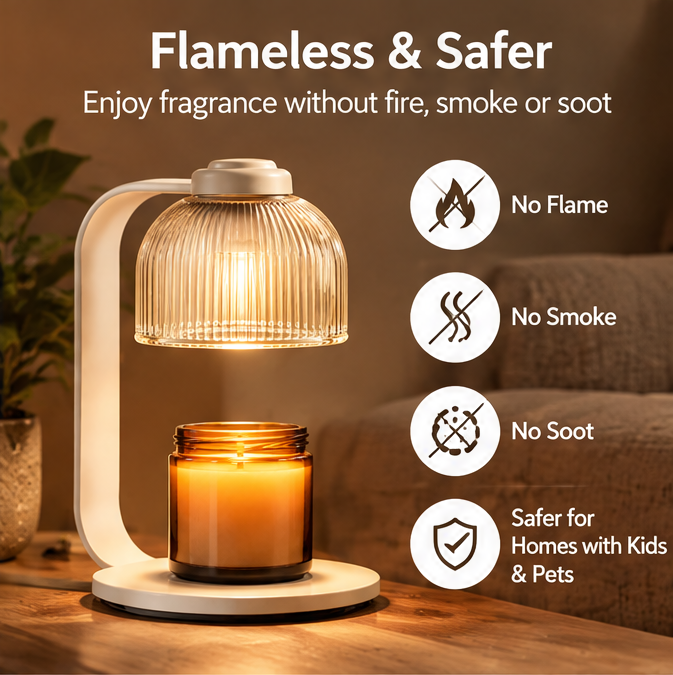 ✨ MINRENM® Fluted Glass Candle Warmer – Dimmable Light & Wooden Base
