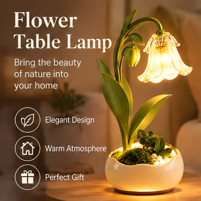 💡 MINRENM® Botanical Lily Glass Shade Flower Table Lamp – Touch Dimming & USB Power
