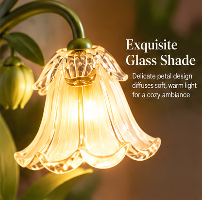 💡 MINRENM® Botanical Lily Glass Shade Flower Table Lamp – Touch Dimming & USB Power