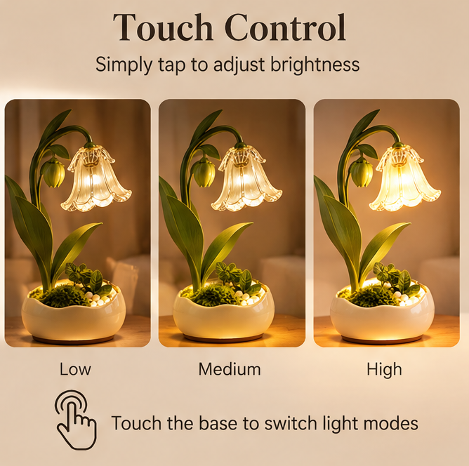 💡 MINRENM® Botanical Lily Glass Shade Flower Table Lamp – Touch Dimming & USB Power