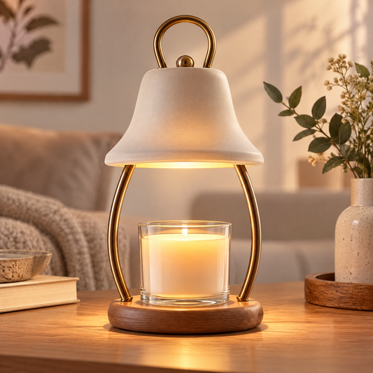 🤍 MINRENM® Modern Ceramic Candle Warmer Lamp – Metal Arch & Wooden Base