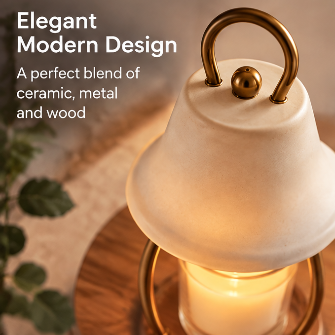 🤍 MINRENM® Modern Ceramic Candle Warmer Lamp – Metal Arch & Wooden Base