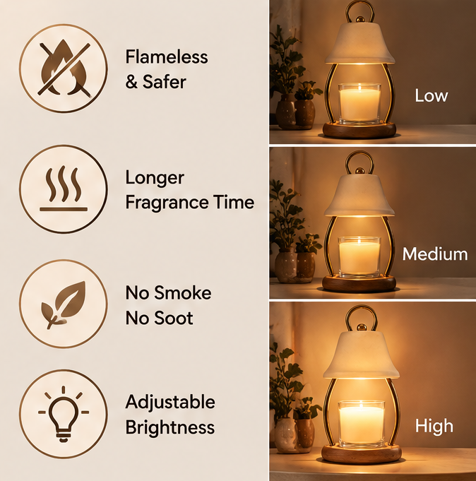 🤍 MINRENM® Modern Ceramic Candle Warmer Lamp – Metal Arch & Wooden Base