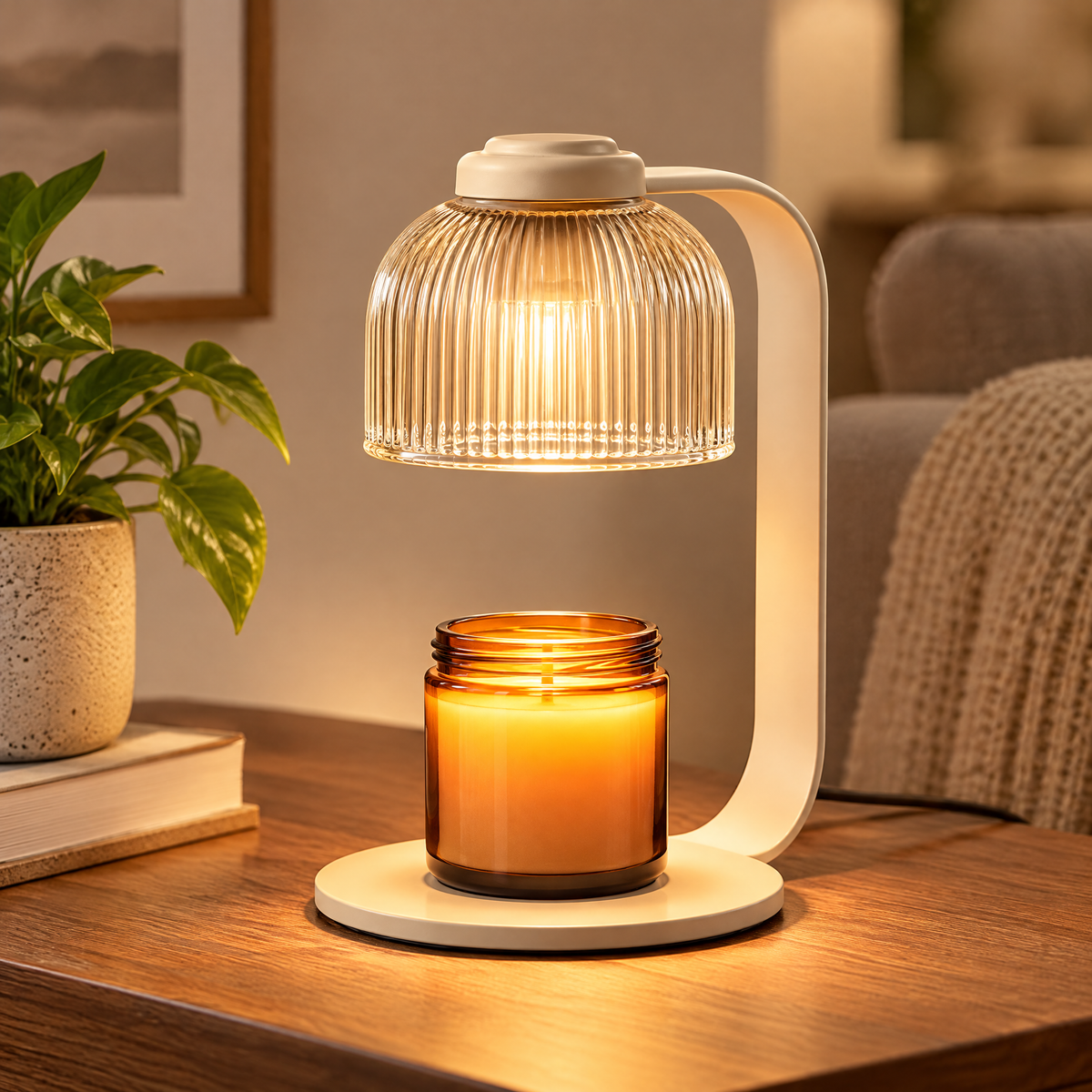 ✨ MINRENM® Fluted Glass Candle Warmer – Dimmable Light & Wooden Base