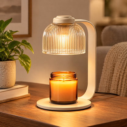 ✨ MINRENM® Fluted Glass Candle Warmer – Dimmable Light & Wooden Base