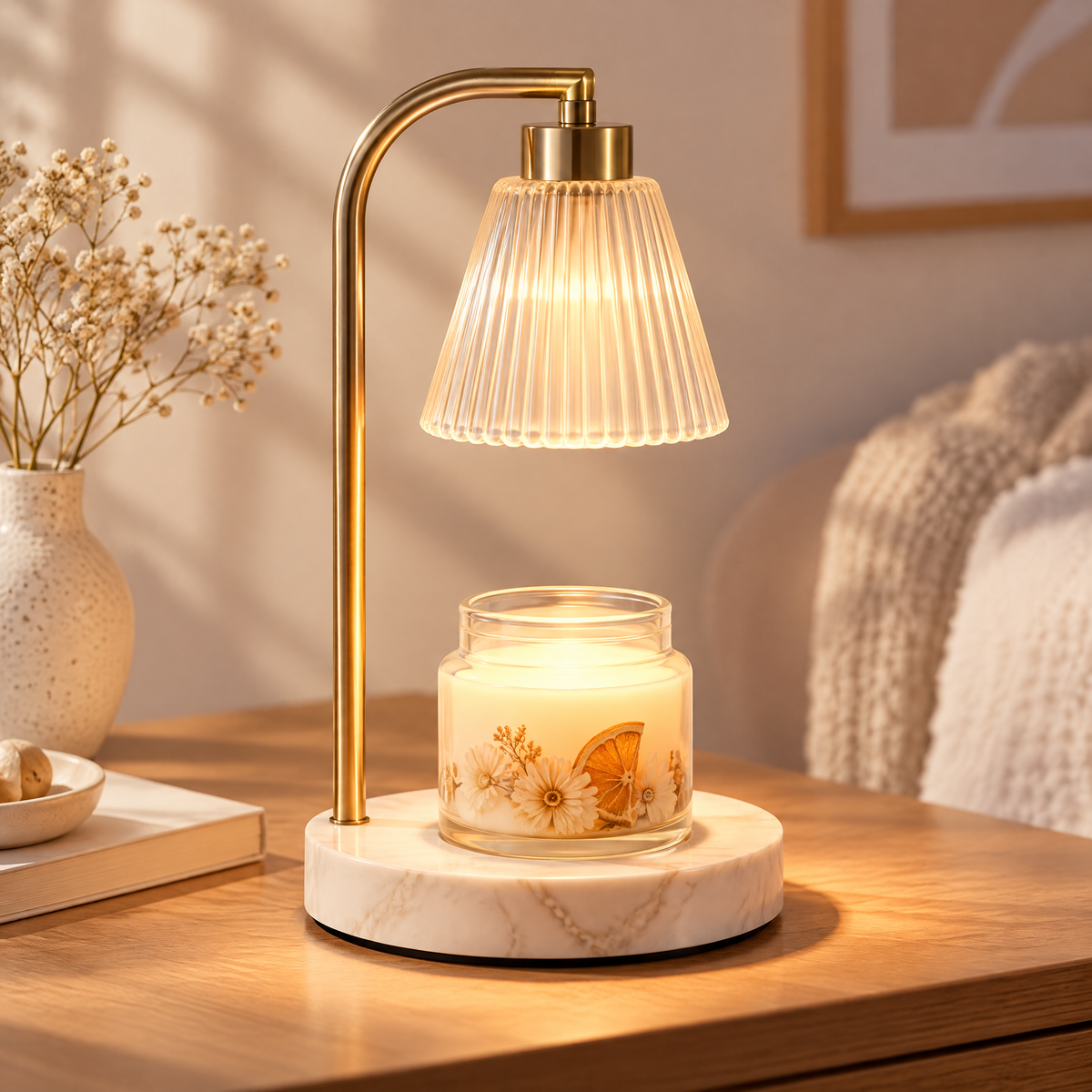 ⏳ MINRENM® Luxury Marble Candle Warmer – Fluted Glass & Smart Timer